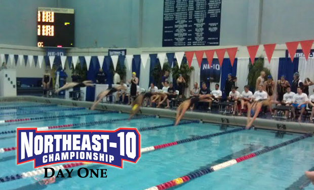 Bentley Women, Men Lead Way Following Day One of Northeast-10 Swimming & Diving Championships